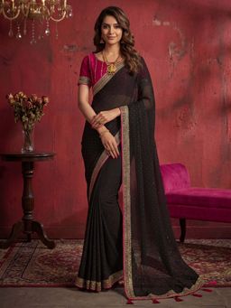 Akhilam - Vichitra Silk Black Embellished Saree With Unstitched Blouse
