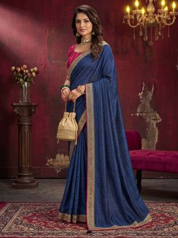 Akhilam - Vichitra Silk Teal Blue Embellished Saree With Unstitched Blouse