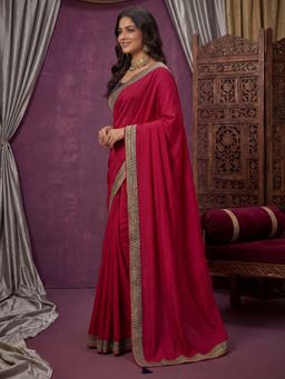 Akhilam - Vichitra Silk Red Embellished Saree With Unstitched Blouse