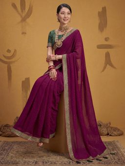 Akhilam - Vichitra Silk Purple Embellished Saree With Unstitched Blouse