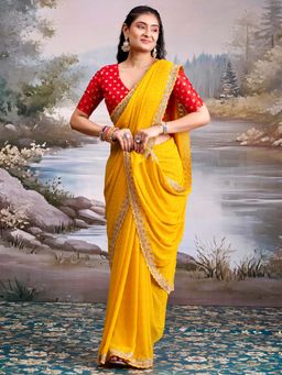 Akhilam - Georgette Yellow Embroidered Saree With Unstitched Blouse
