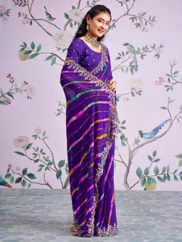 Akhilam - Georgette Purple Printed Saree With Unstitched Blouse