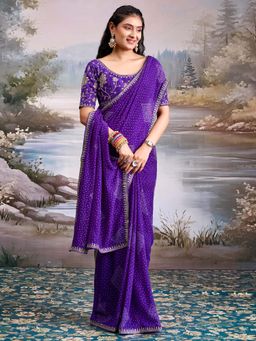 Akhilam - Georgette Purple Embroidered Saree With Unstitched Blouse