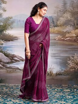 Akhilam - Georgette Wine Embroidered Saree With Unstitched Blouse