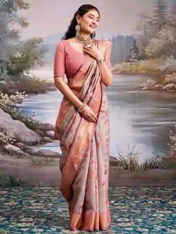Akhilam - Cotton Silk Rose Gold Digital Print Saree With Unstitched Blouse