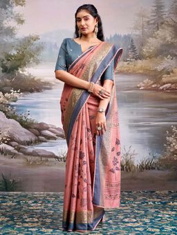 Akhilam - Cotton Silk Pink Digital Print Saree With Unstitched Blouse