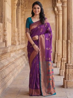 Akhilam - Silk Blend Purple Woven Design Saree With Unstitched Blouse