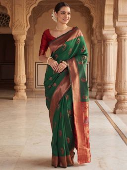 Akhilam - Silk Blend Green Woven Design Saree With Unstitched Blouse