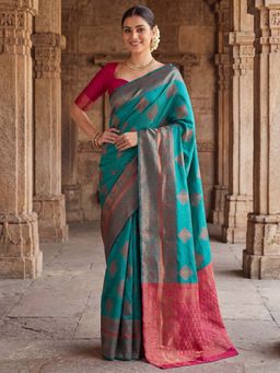 Akhilam - Silk Blend Teal Green Woven Design Saree With Unstitched Blouse