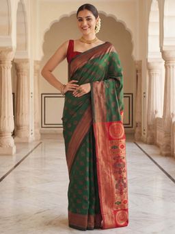 Akhilam - Silk Blend Green Woven Design Saree With Unstitched Blouse