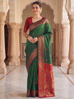 Akhilam - Silk Blend Green Woven Design Saree With Unstitched Blouse