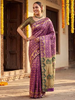 Akhilam - Litchi Silk Purple Woven Design Saree With Unstitched Blouse