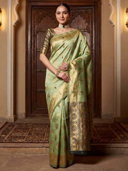 Akhilam - Litchi Silk Light Green Woven Design Saree With Unstitched Blouse