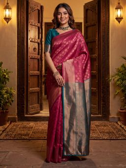 Akhilam - Litchi Silk Pink Woven Design Saree With Unstitched Blouse
