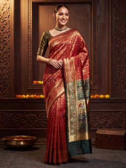 Akhilam - Litchi Silk Red Woven Design Saree With Unstitched Blouse