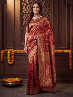 Akhilam - Litchi Silk Maroon Woven Design Saree With Unstitched Blouse