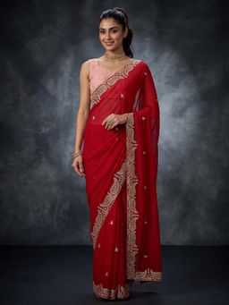Akhilam - Tissue Red Zari Embroidered Saree With Unstitched Blouse