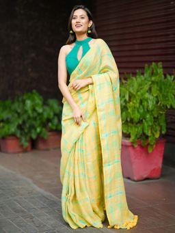 Ethnic Elements - Elegant Nimbu Linen Handloom Checked Saree Without Blouse