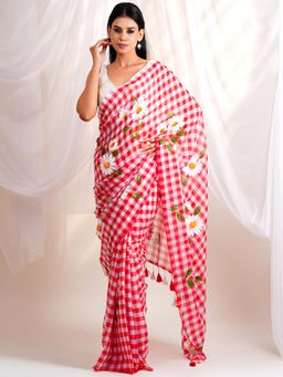 Ethnic Elements - Crimson Red Hand-Painted Daisies Checked Mul Cotton Saree Without Blouse