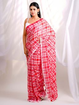 Ethnic Elements - Checks And Hearts Handpainted Soft Mulmul Cotton Saree Without Blouse