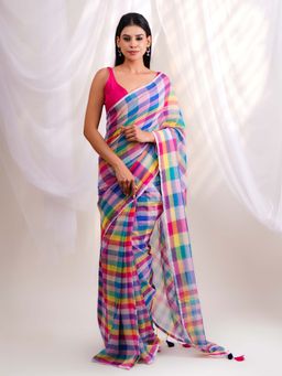 Ethnic Elements - Vibrant Multicolor Checks Mul Cotton Saree Without Blouse