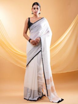 Ethnic Elements - Classic Chic White Mul Cotton Saree Without Blouse