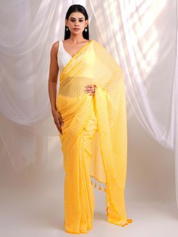 Ethnic Elements - Elegant Sunshine Yellow Checks Mul Cotton Saree Without Blouse