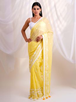 Ethnic Elements - Elegant Aamras Mul Cotton Yellow Saree Without Blouse