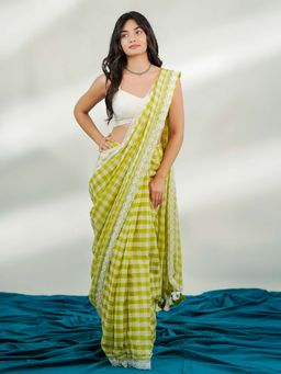 Ethnic Elements - Classic Pallav Checked Soft Mul Cotton Mustard Saree Without Blouse