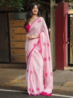 Ethnic Elements - Roseday Floral Embroidered Mul Cotton Saree Without Blouse