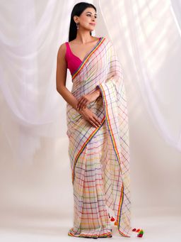 Ethnic Elements - Vibrant Rainbow Grid Checks Mul Cotton Saree Without Blouse