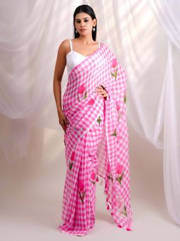 Ethnic Elements - Rose Pink Gingham Checked Mul Cotton Saree Without Blouse