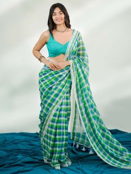 Ethnic Elements - Classic Pallav Checked Soft Mul Cotton Teal Saree Without Blouse