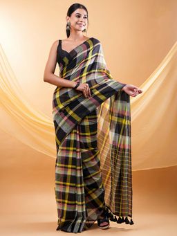 Ethnic Elements - Vibrant Multicolour Checked Mul Cotton Saree Without Blouse
