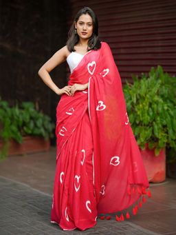 Ethnic Elements - Red Handpainted Hearts Mul Cotton Saree Without Blouse