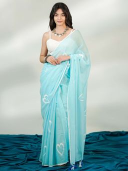 Ethnic Elements - Blue Handpainted Hearts Mul Cotton Saree Without Blouse