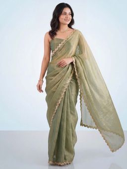 Akhilam - Chiffon Light Green Embellished Saree With Unstitched Blouse