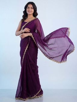 Akhilam - Chiffon Purple Embellished Saree With Unstitched Blouse