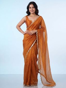 Akhilam - Chiffon Rust Embellished Saree With Unstitched Blouse