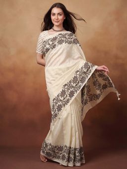 Akhilam - Cotton Slub Off White Printed Saree With Unstitched Blouse