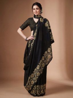 Akhilam - Cotton Slub Black Printed Saree With Unstitched Blouse