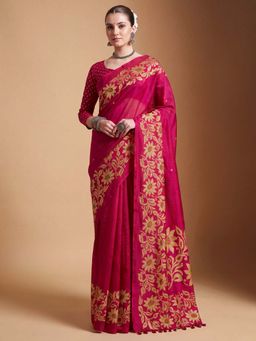 Akhilam - Cotton Slub Pink Printed Saree With Unstitched Blouse