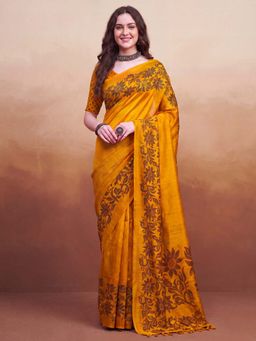 Akhilam - Cotton Slub Mustard Printed Saree With Unstitched Blouse