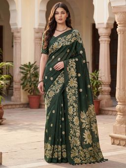Akhilam - Cotton Slub Green Printed Saree With Unstitched Blouse