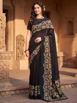 Akhilam - Cotton Slub Black Printed Saree With Unstitched Blouse
