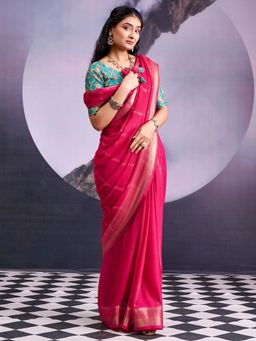 Akhilam - Georgette Pink Woven Design Saree With Unstitched Blouse