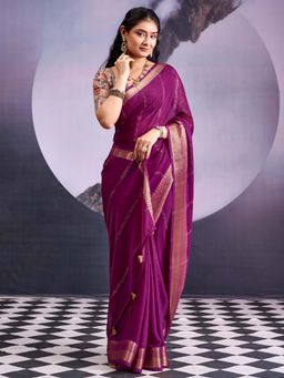 Akhilam - Georgette Wine Woven Design Saree With Unstitched Blouse