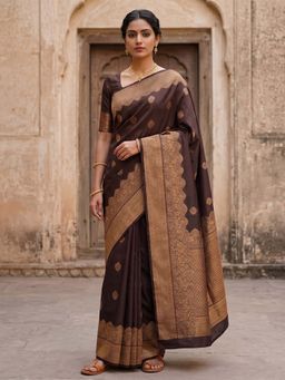 Anjaneya Sarees - Brown Designer Banarasi Silk Kanjivaram Saree With Unstitched Blouse