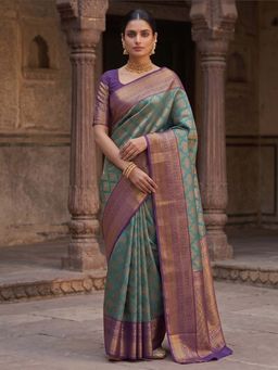Anjaneya Sarees - Green Designer Banarasi Silk Kanjivaram Saree With Unstitched Blouse
