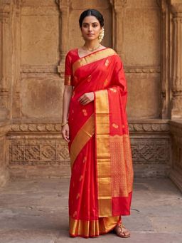 Anjaneya Sarees - Red Designer Banarasi Silk Kanjivaram Saree With Unstitched Blouse